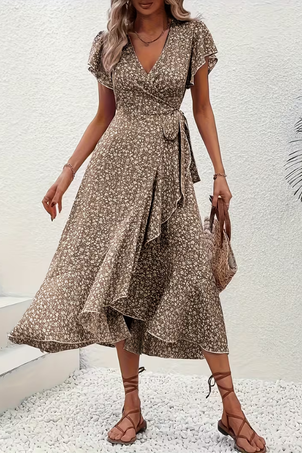 Chic women's V-neck midi dress, short sleeve, offering a flattering and elegant silhouette.