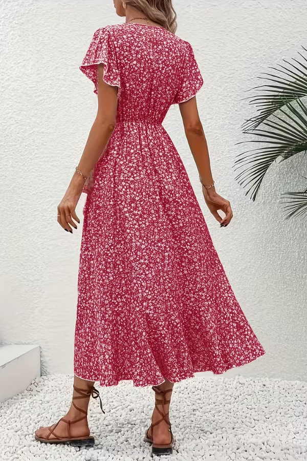 Modern V-neck short sleeve midi dress for women, elegant and flattering, a chic addition to summer wardrobe.