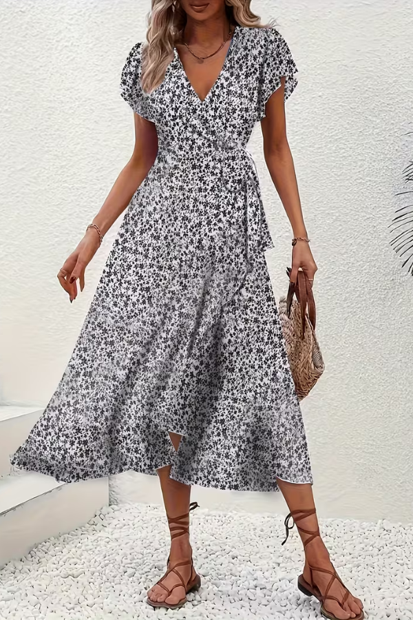 Elegant women's V-neck party dress, short sleeve, with a flattering silhouette and chic design.
