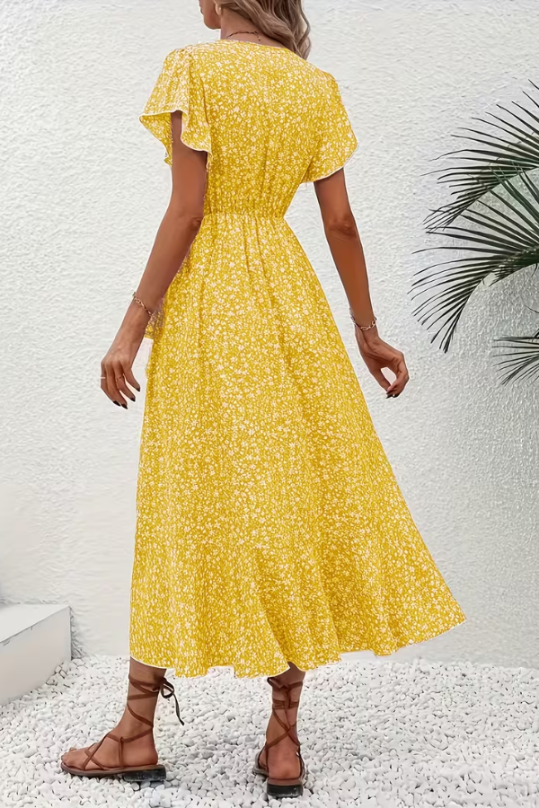 Front view of a women's flattering V-neck floral midi dress, short sleeve, elegant for summer.