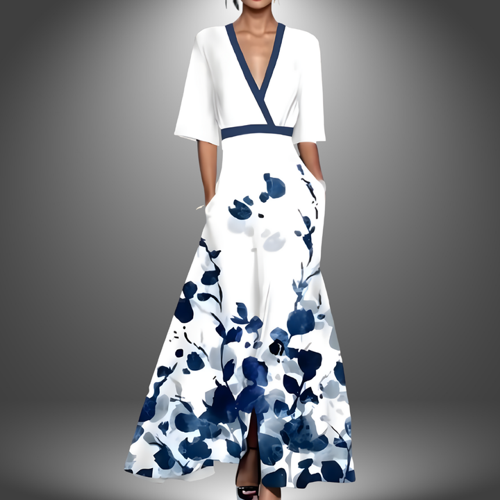 Comfortable women's flowy printed maxi dress, perfect as a casual summer V-neck dress for modern elegance.
