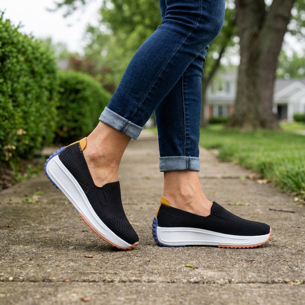 Comfortable women's flexible slip-on sneakers with a supportive orthopedic platform for walking and everyday wear.