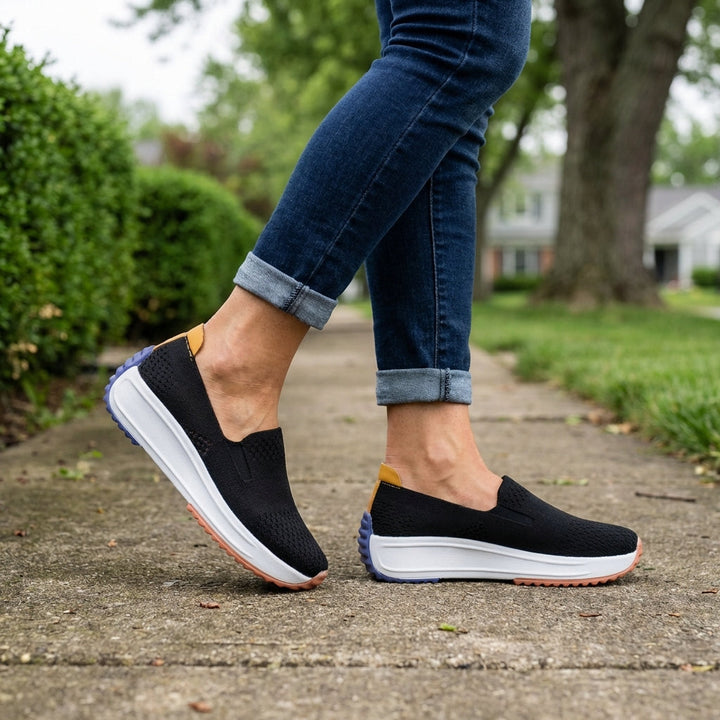 Comfortable women's flexible slip-on sneakers with a supportive orthopedic platform for walking and everyday wear.