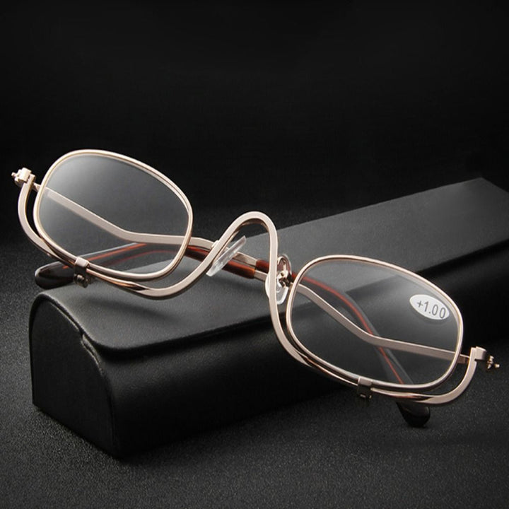 Front view of women's flip-down magnifying makeup glasses, essential beauty accessory for precision.