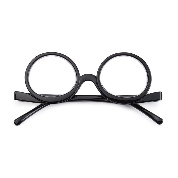 Side profile of women's precision flip-down magnifying glasses, ergonomic design for makeup application.
