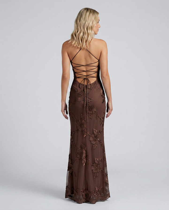 Elegant women's floral appliqué long dress with lace-up back, suitable for any formal event.