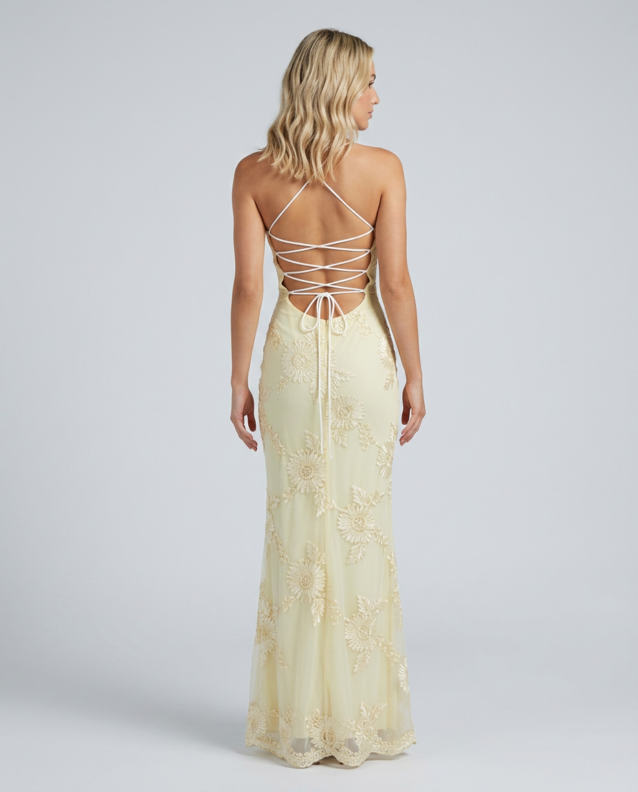 Elegant women's floral appliqué maxi dress with stylish lace-up back, ideal for special occasions.