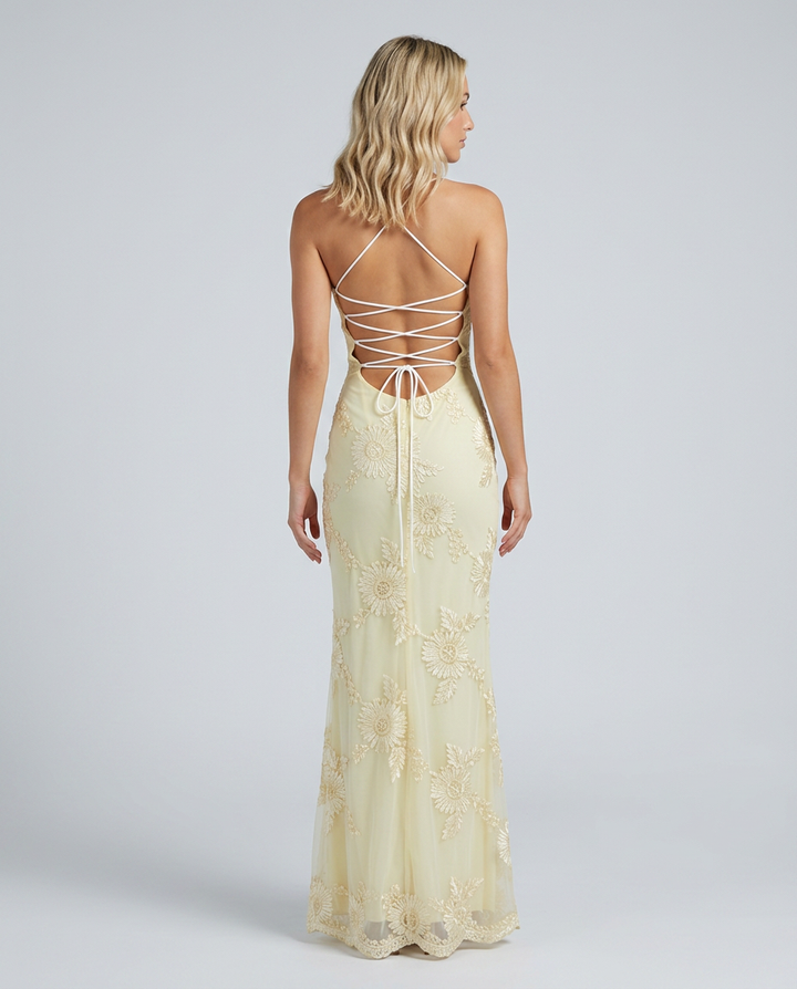 Elegant women's floral appliqué maxi dress with stylish lace-up back, ideal for special occasions.
