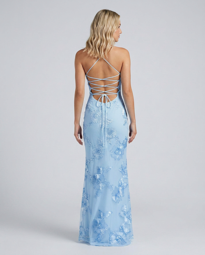 Beautiful floral summer party maxi dress for women, boasting an elegant lace-up back detail.