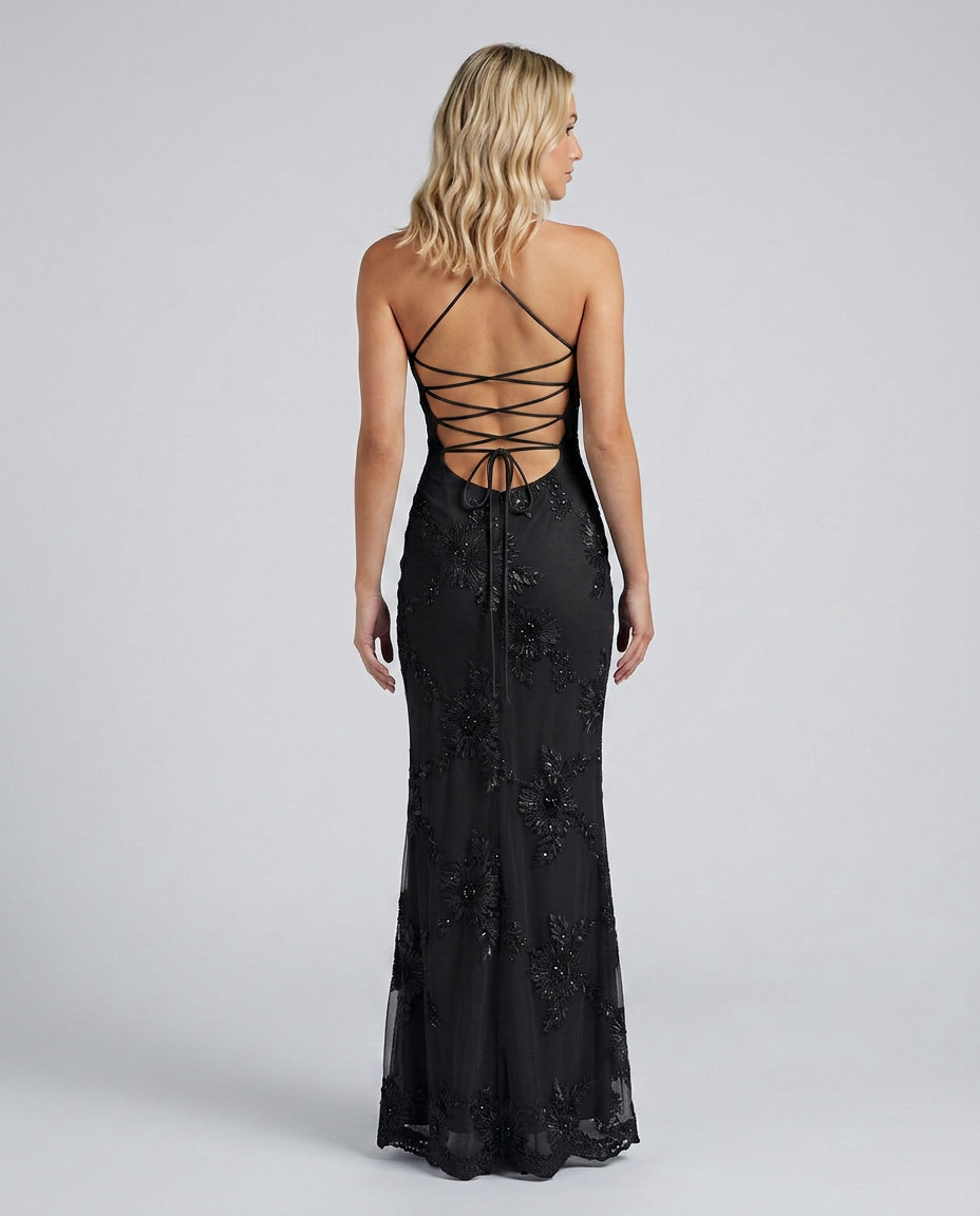 Trendy women's floral maxi dress with detailed appliqué and an eye-catching lace-up back.