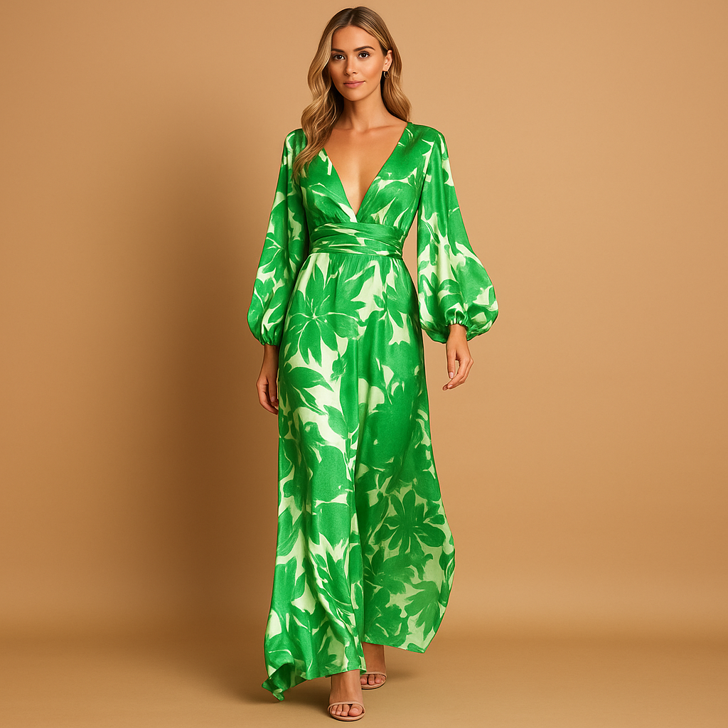 Women's floral balloon sleeve wrap maxi dress, perfect for wedding guests & special occasions. Elegant V-neck design.