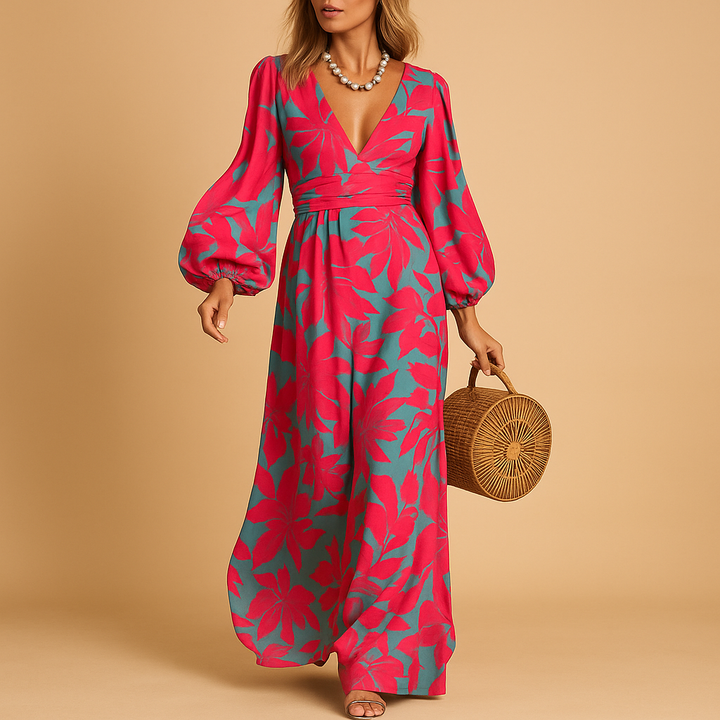Elegant women's floral wrap maxi dress with chic balloon sleeves & V-neck, ideal for wedding guests & evening wear.