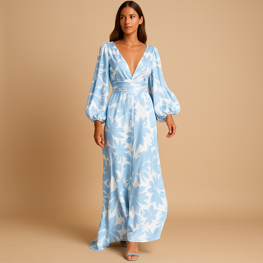 Beautiful floral print maxi dress for women, featuring a flattering wrap style, balloon sleeves & V-neck. Wedding guest outfit.