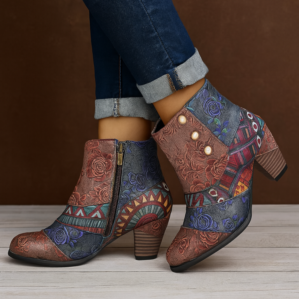 Women's floral block heel ankle boots, showcasing vibrant pattern & elegant heel for fashion-forward style.