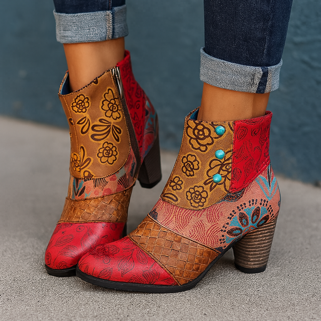 Fashionable women's heeled boots featuring a unique floral print and comfortable block heel, ideal for everyday wear.