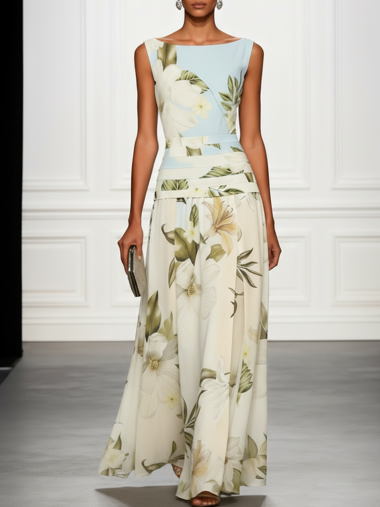 Women's floral boat neck A-line maxi dress, elegant for wedding guests & garden parties.
