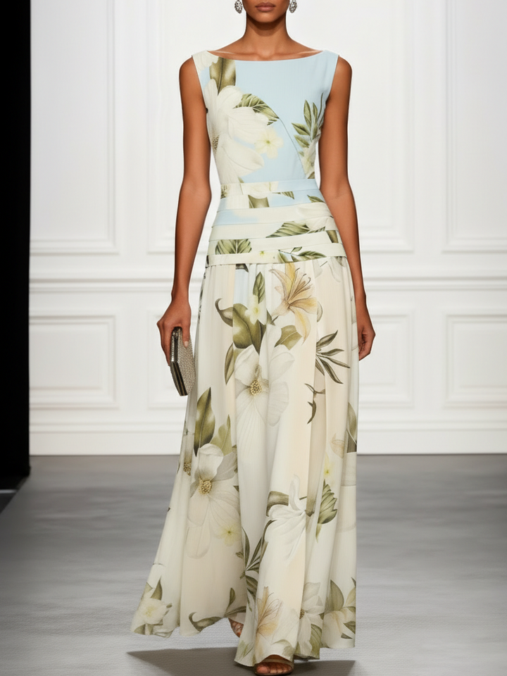 Women's floral boat neck A-line maxi dress, elegant for wedding guests & garden parties.