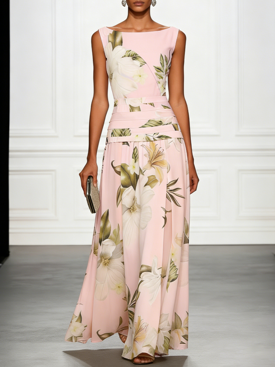Women's floral maxi dress for wedding guest or garden party, elegant boat neck A-line design.