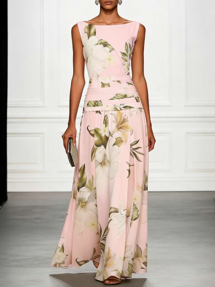 Women's floral maxi dress for wedding guest or garden party, elegant boat neck A-line design.
