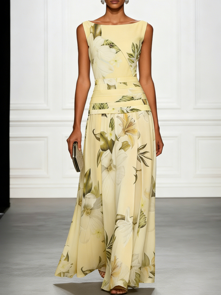 Feminine floral boat neck A-line maxi dress, perfect summer long dress for elegant formal occasions.