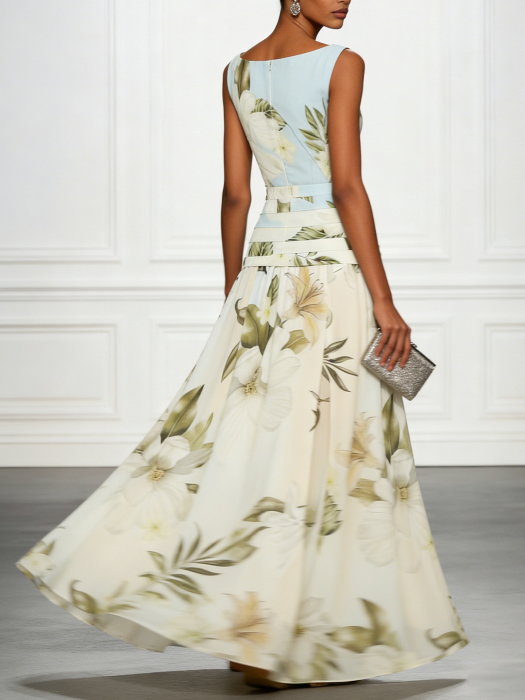 Elegant floral A-line maxi dress for women, boat neck design, perfect for wedding guests or garden parties.