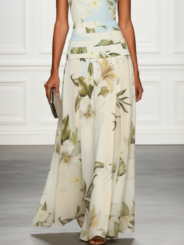 Feminine boat neck A-line floral maxi dress for women, vibrant print, ideal for summer and formal occasions.