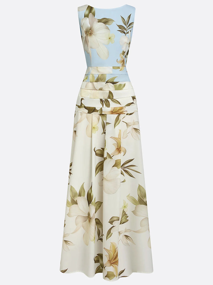 Long floral print maxi dress for women, elegant boat neck & flattering A-line silhouette, occasion wear.