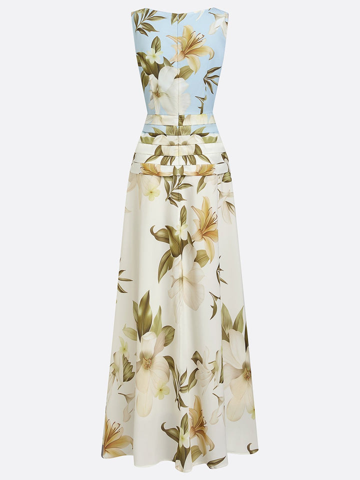 Summer floral maxi dress with boat neck, women's A-line style, ideal for formal events or garden party wear.
