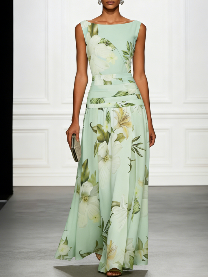Vibrant floral print A-line maxi dress for women, chic boat neck, suitable for formal wear & summer parties.
