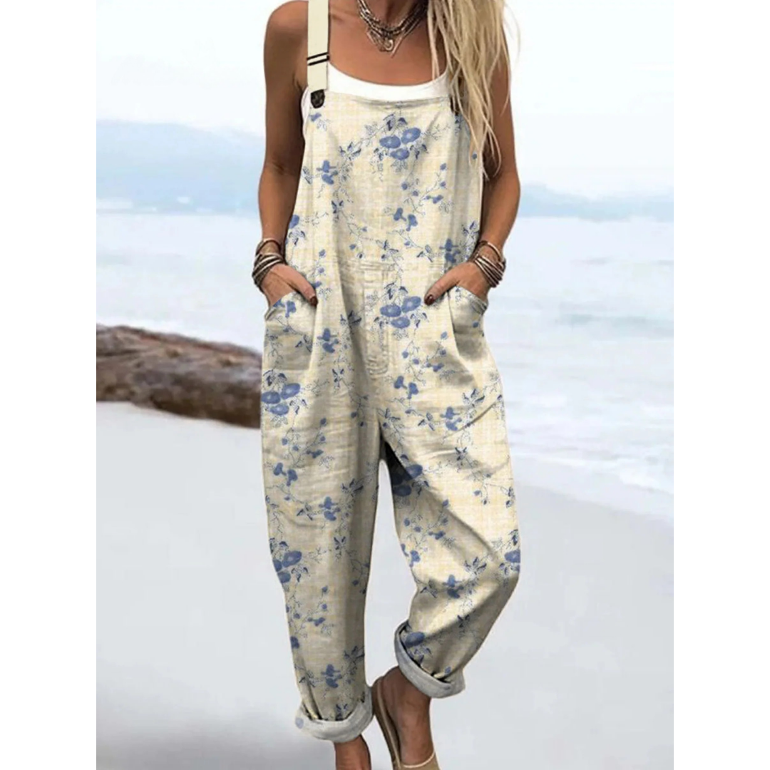 Women's floral casual jumpsuit for summer. Effortless, comfortable & stylish one-piece vacation wear.