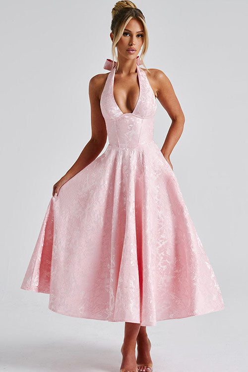 Stylish women's floral A-line midi dress, versatile for wedding guests or cocktail parties.