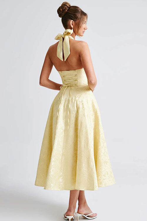 Formal floral corset halter midi dress, a graceful choice for women's fashion.