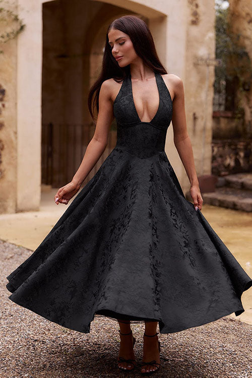 Romantic floral midi dress, halter neckline & corset detail, ideal for formal events.