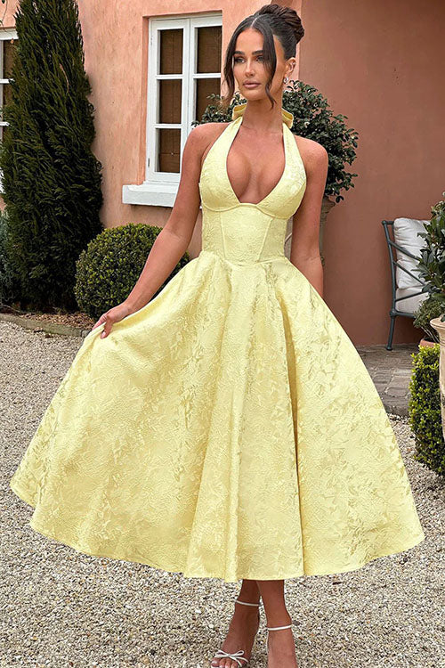 Sophisticated women's floral evening dress, corset halter midi for formal events.