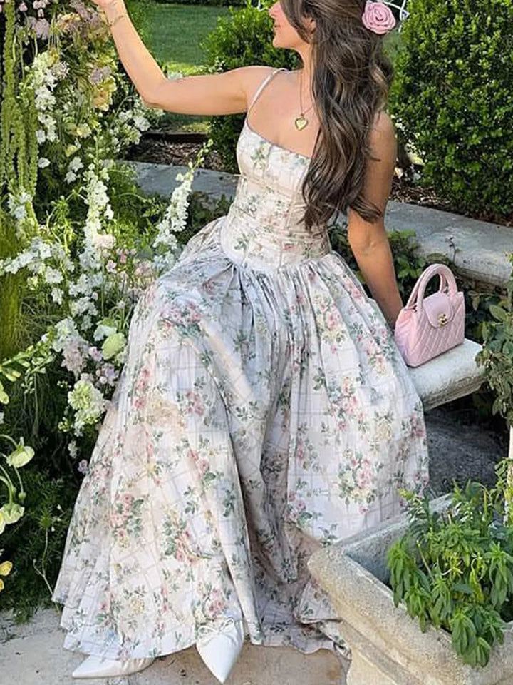 Elegant women's floral midi dress, a stunning corset prom or formal party dress.