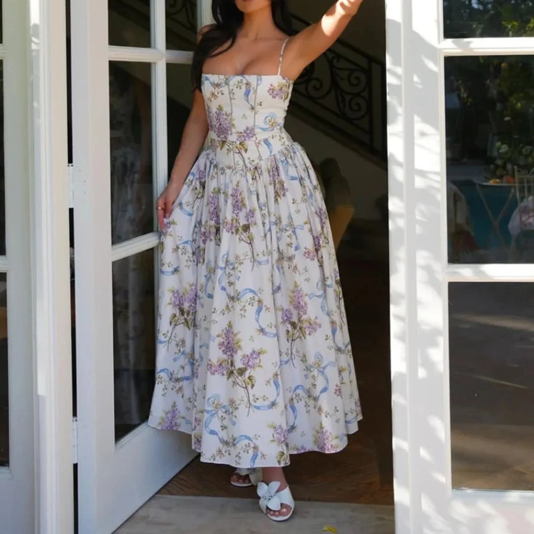 Pink floral midi prom dress for women, featuring a flattering corset design and elegant style.