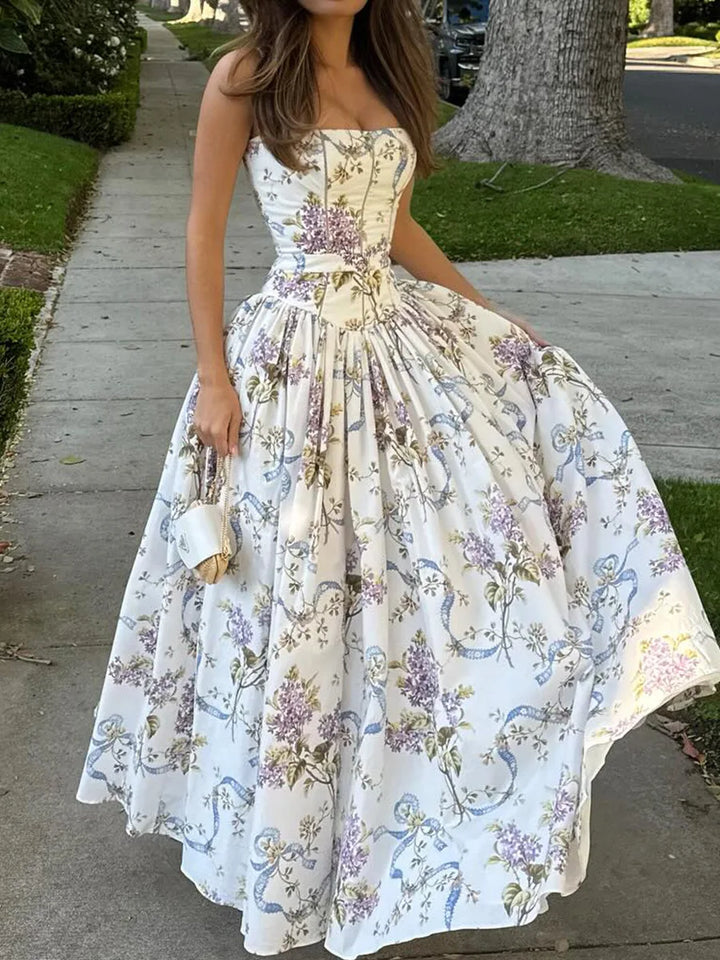 Cream floral corset midi dress, a sophisticated formal or party dress for women.