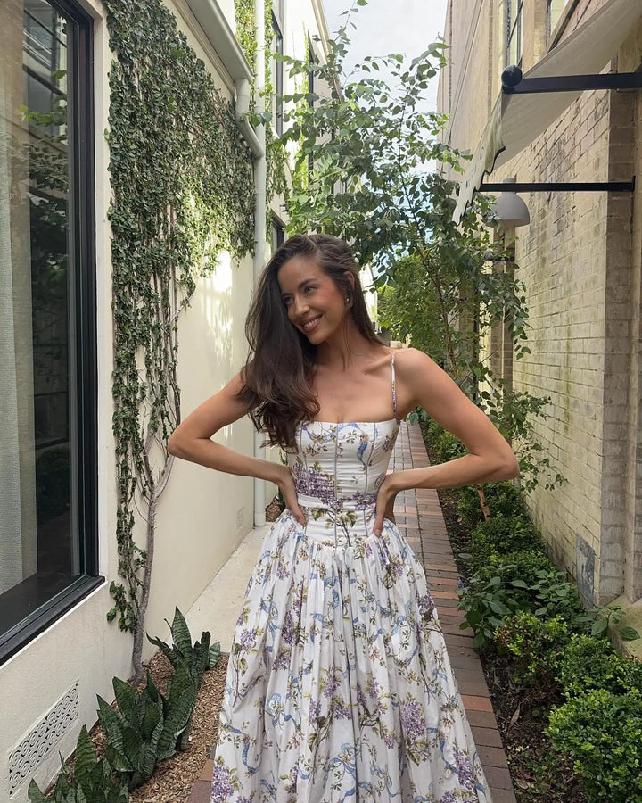 Gorgeous white floral midi prom dress, a strappy corset party dress for women's special events.