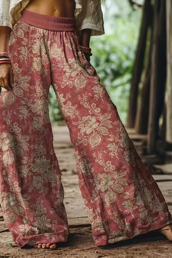 Relaxed fit floral pants for women, vintage style, comfortable vacation clothes.