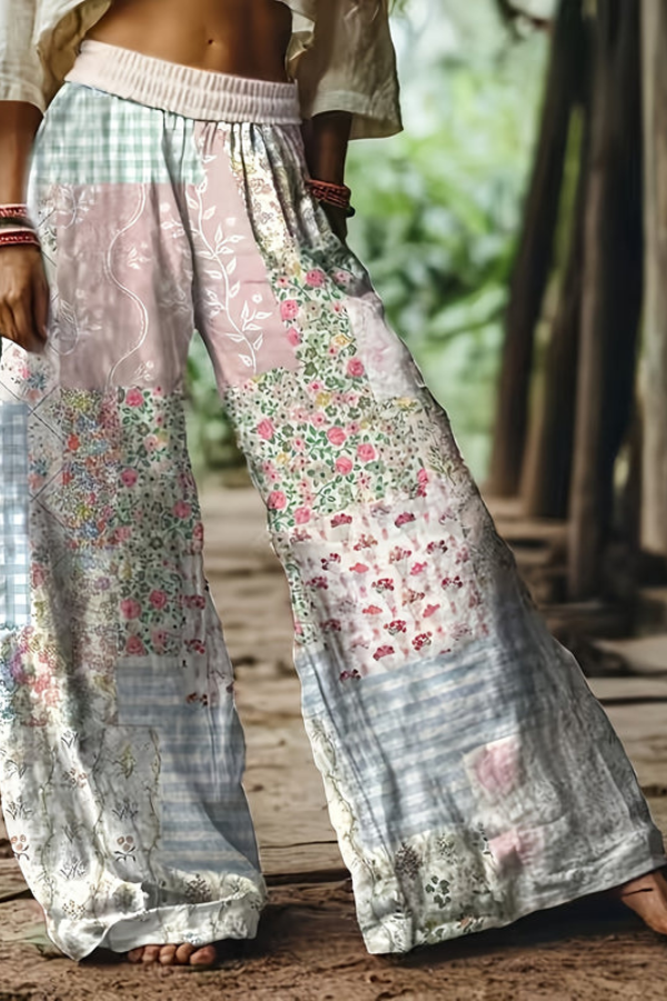 Vintage-inspired women's floral print pants, relaxed fit, great for casual outings.