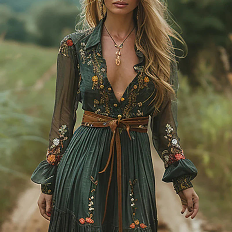 Flowy women's boho maxi dress with intricate floral embroidery, ideal for summer casual wear & beach trips.