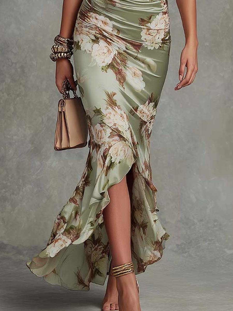 Stylish women's floral fishtail maxi dress with ruched waist & frill sleeves. Perfect elegant evening wear.
