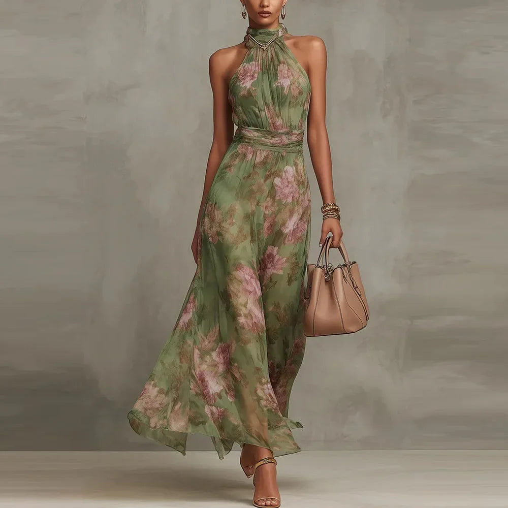Women's floral halter neck maxi dress, elegant & flowy. Perfect for summer, beach, vacation, or resort wear.