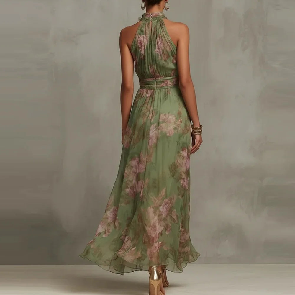 Bohemian style women's floral maxi dress with halter neck. Great for summer parties, beach, or elegant vacation.
