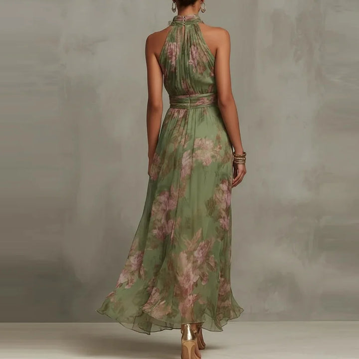 Bohemian style women's floral maxi dress with halter neck. Great for summer parties, beach, or elegant vacation.