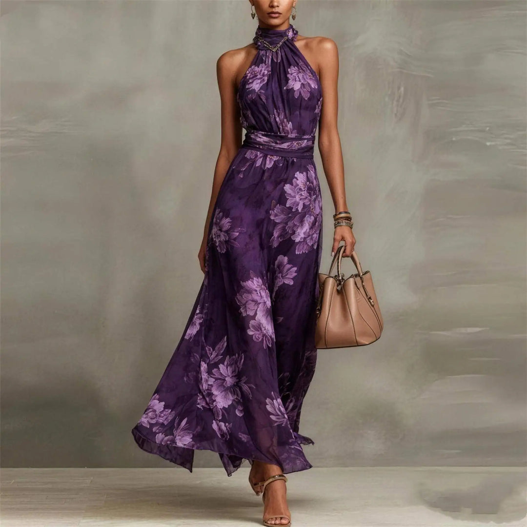Effortless women's floral halter maxi dress, perfect for summer, beach, or elegant party wear. Flowy & comfortable.