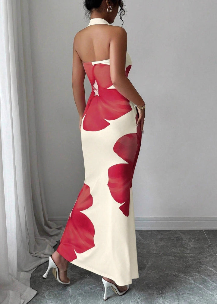 Elegant women's floral halter neck maxi dress, suitable for an evening event, beach resort, or a special summer occasion.