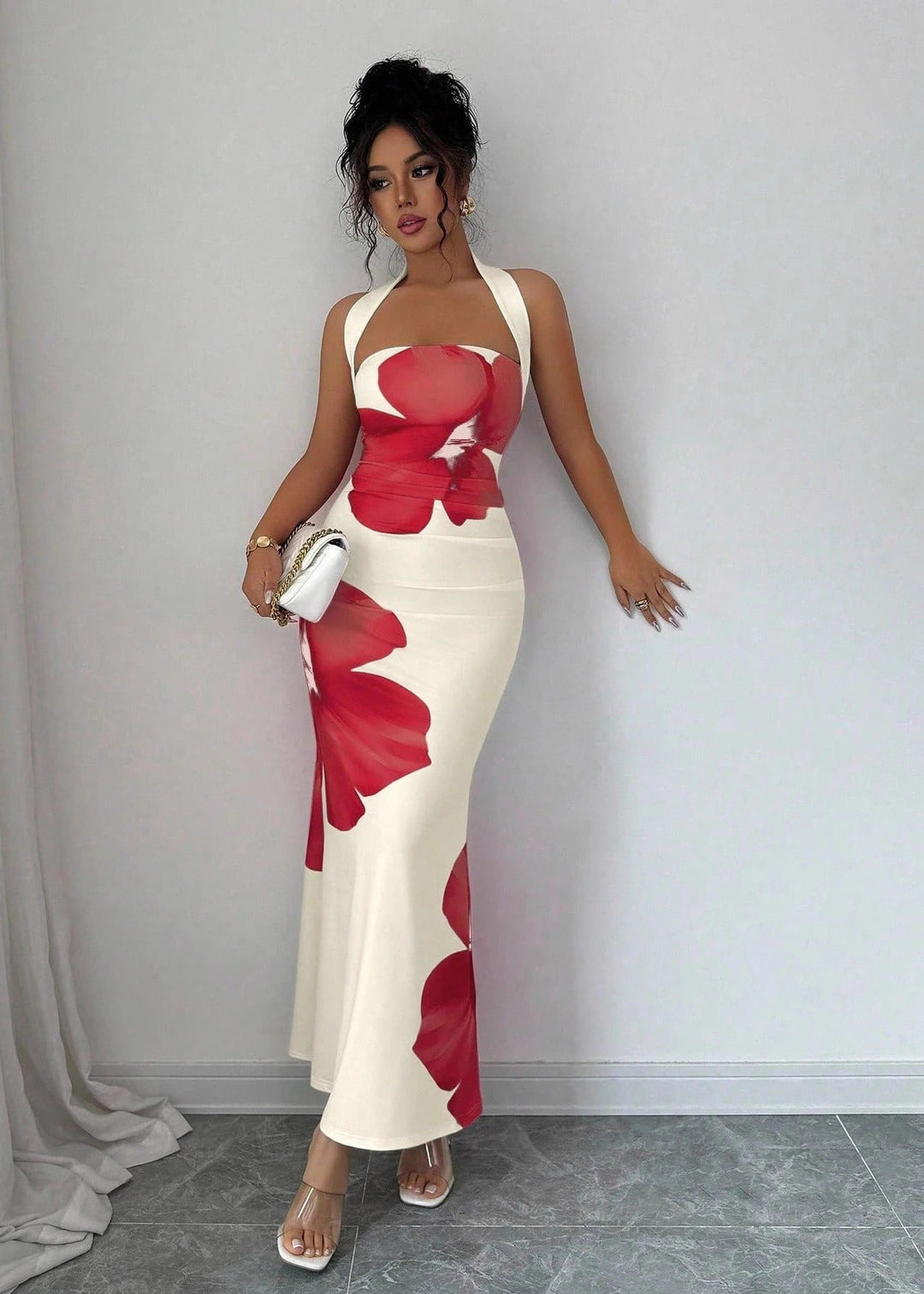 Stunning red floral halter neck maxi dress for women, a sleeveless column dress design perfect for summer evening parties.
