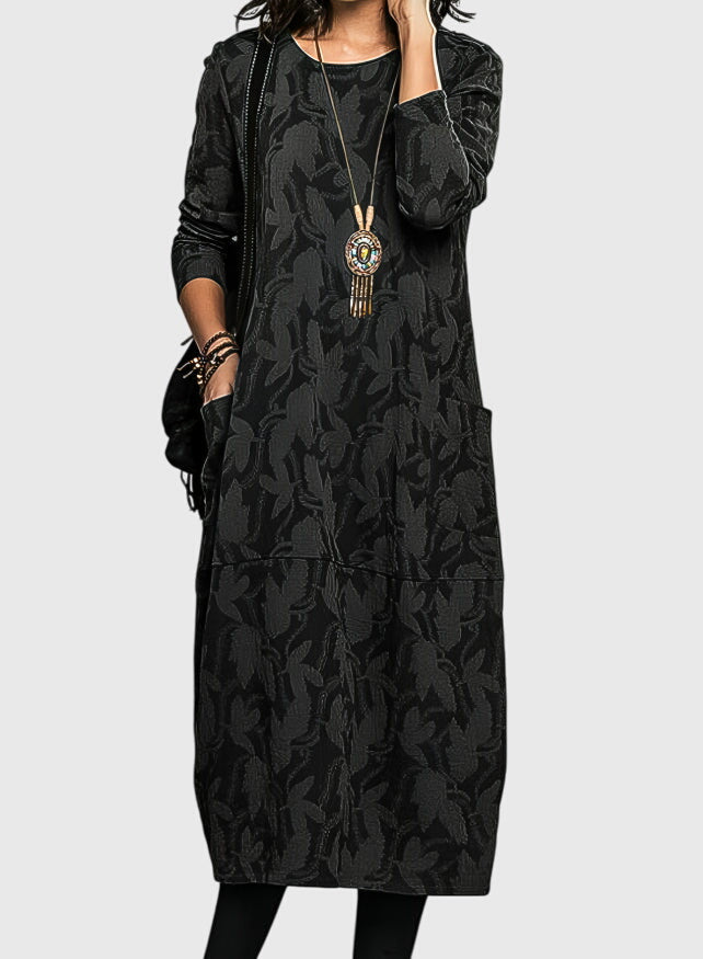 Stylish women's long-sleeve floral jacquard midi dress with pockets, ideal for a comfortable, casual look.