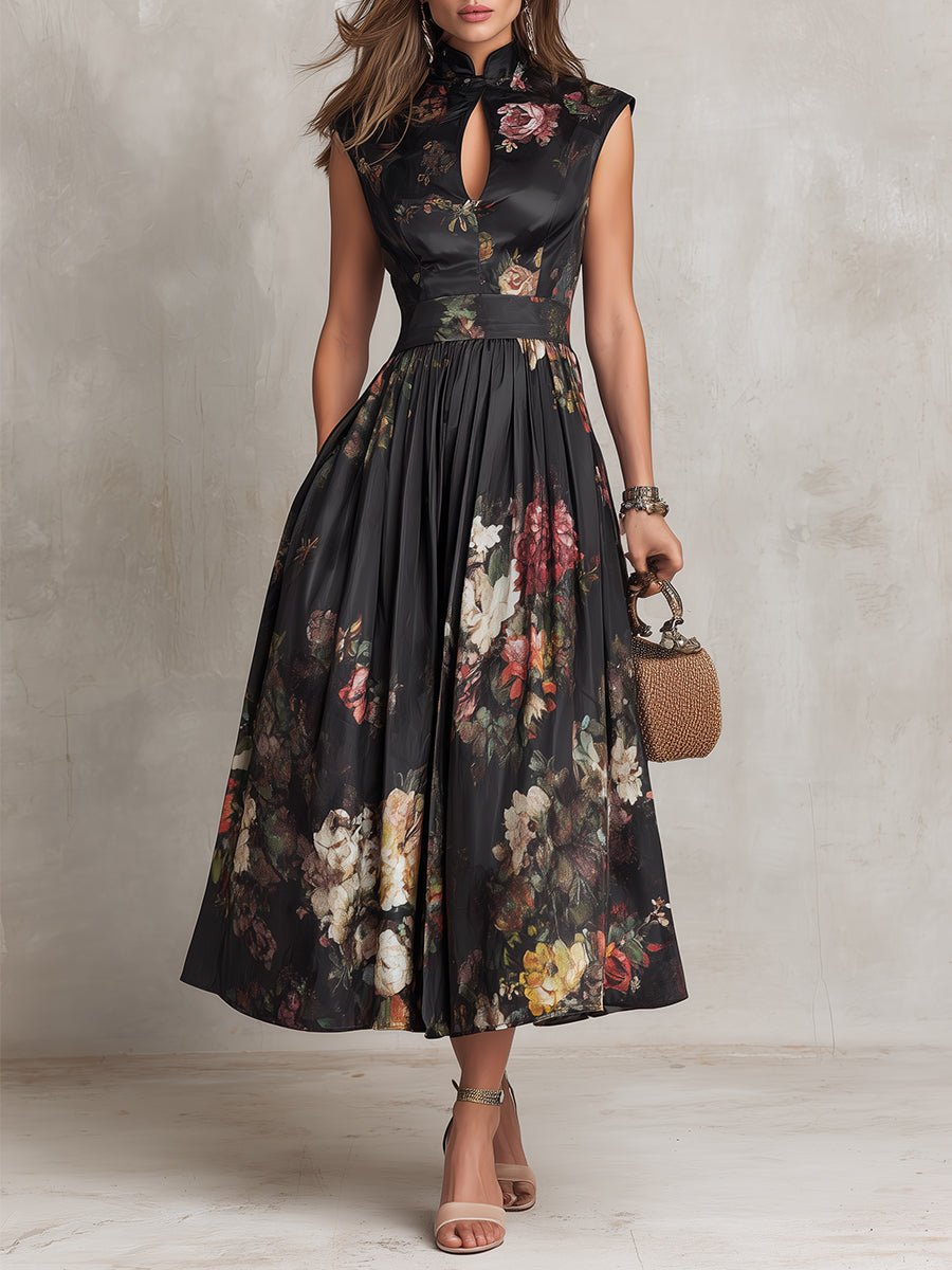 Women's floral keyhole A-line midi dress with mandarin collar, perfect for elegant occasions & wedding guests.